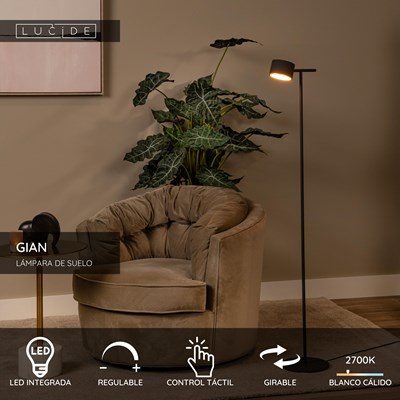 Lucide GIAN - Lámpara de suelo - LED Regul. - 1x9W 2700K - Negro